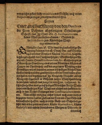 17r-20v, Copien einer an Chur Meynß von den Directorn der Cron Böhmen...