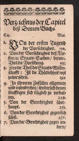 Verzeichnus der Capitel deß Dritten Buchs.