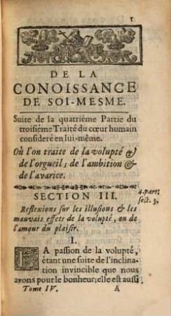 De La Connoissance De Soi-Mesme. 4, Suite Du Troisiéme Traité. De L'Être Morale De L'Homme; Ou De La Science Du Coeur