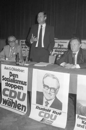 Wahlkampfveranstaltung der Karlsruher CDU zur Bundestagswahl 1980 mit dem baden-württembergischen Sozialminister Dietmar Schlee