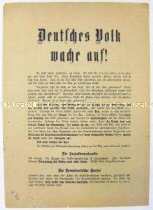 Wahlaufruf der DNVP zur Wahl der Nationalversammlung 1919 mit Polemik gegen die SPD und die Demokratische Partei