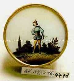 Pappschachtel mit Glasscheibe im Deckel für ? (Abbildung eines jungen Mannes in historischer Tracht)