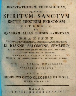 Disp. theol. quae Spiritum Sanctum recte describi personam ostendit