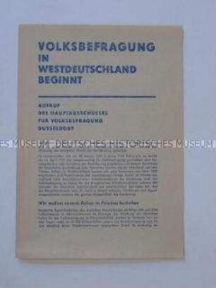 Propagandaschrift mit dem Aufruf des Hauptausschusses für die Volksbefragung gegen die Remilitarisierung