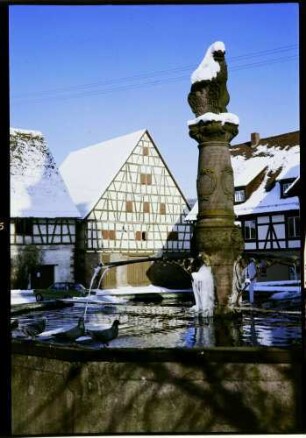 Dornstetten: Brunnen vor Fachwerkhof, am Marktplatz