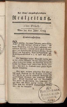 1tes Stück. Wien den 8ten Jäner 1774.