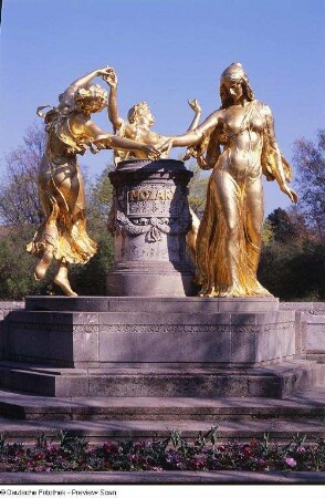 Mozartdenkmal mit Wasserbecken (Mozartbrunnen). Bronze, Muschelkalkstein (Rekonstr. 1991; E. Wolf, O. Penseler nach Orig. 1907; H. Hosaeus/Nachguß Kunstgießerei Lauchhammer). Dresden, Bürgerwiese