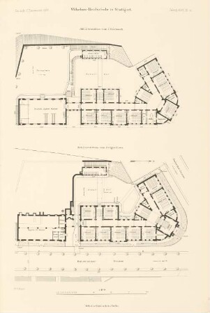 Wilhelms-Realschule, Stuttgart: Grundriss EG, 1.OG 1:400 (aus: Atlas zur Zeitschrift für Bauwesen, hrsg. v. Ministerium der öffentlichen Arbeiten, Jg. 47, 1897)