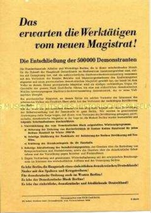 Propagandaflugblatt des FDGB zur Bildung des neuen Magistrats in Ostberlin