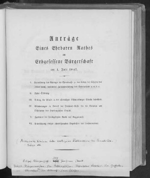 Anträge Eines Ehrbaren Rathes an Erbgesessene Bürgerschaft am 1. Juli 1847.