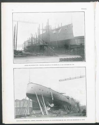 [Fotografía de] Amura del estribor del "Coronel Bolognesi" en gradas el 24 de setiembre de 1906, Aleta del estribor del "Coronel Bolognesi" en gradas en 24 de setiembre de 1906
