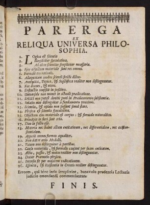 Parerga ex Reliqua Universa Philosophia