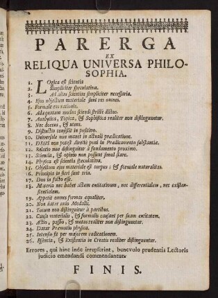 Parerga ex Reliqua Universa Philosophia