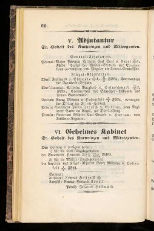 V. Adjutantur Gr. Hoheit des Kurprinzen und Mitregenten.