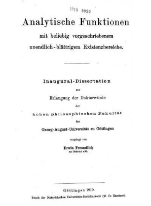 Analytische Funktionen mit beliebig vorgeschriebenem unendlich-blättrigem Existenzbereiche