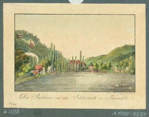 Tharandt, Blick über den Schlossteich in das Tal der Wilden Weißeritz, im Hintergrund das Kurbad (Kaltwasser-Heilanstalt)