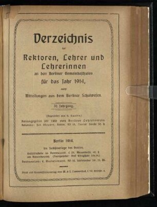 70: Verzeichnis der Rektoren, Lehrer und Lehrerinnen an den Berliner Gemeindeschulen - 70.1914