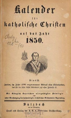 Kalender für katholische Christen : auf d. Jahr ... 10. 1850 (1896) = 2. Abdr.