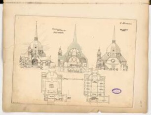 Begräbniskapelle Monatskonkurrenz März 1895: Grundriss Keller, Erdgeschoss, Aufriss Vorderansicht, Seitenansicht, Längsschnitt; Maßstabsleiste