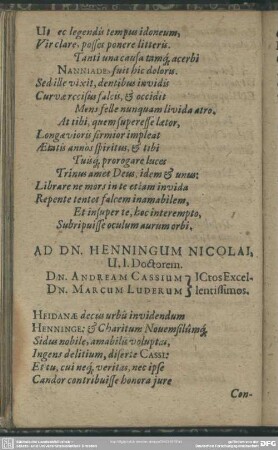 Ad Dn. Henningum Nicolai, U. I. Doctorem. Dn. Andream Cassium, Dn. Marcum Luderum, Ictos Excellentissimos
