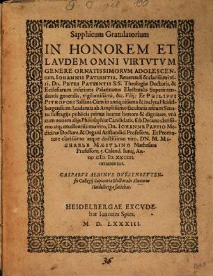 Sapphicum Gratulatorium in honorem ... adolescentum J. Patientis, et Ph. Pithopoei