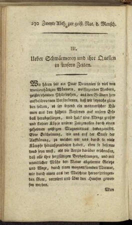 III. Ueber Schwärmerey und ihre Quellen in unsern Zeiten.