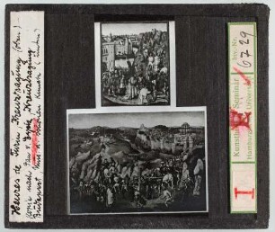 Jan van Eyck: Kreuztragung im Turiner Stundenbuch (oben) und Kopie nach Jan v. Eyck, Kreuztragung in Budapest, Museum d. Schönen Künste (unten)
