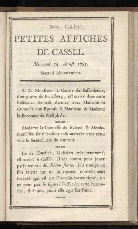 No CXXII (Mercredi 24. Aoust 1785)