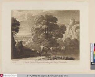 [Landschaft mit Fluss und einem Hirten mit seiner Herde]