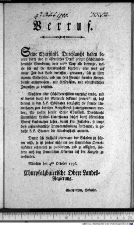 Verruf. : München den 4ten October 1796. Churpfalzbaierische Obere Landes-Regierung. Rainprechter, Sekretär.