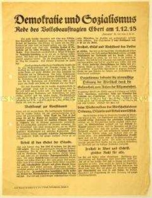 Flugblatt anlässlich bevorstehender Wahlen zur Nationalversammlung am 16. Februar mit Wiedergabe einer Rede Friedrich Eberts vom Dezember 1918 über Demokratie und Sozialismus