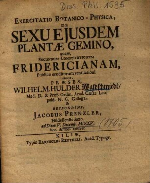 Exercitatio Botanico-Physica, De Sexu Ejusdem Plantae Gemino