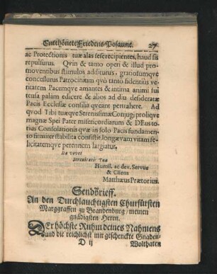 Sendbrieff. An den Durchlauchtigsten Churfürsten Marggraffen zu Brandenburg ...