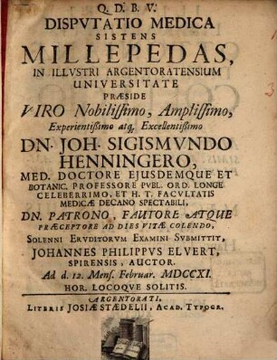 Dispvtatio Medica Sistens Millepedas