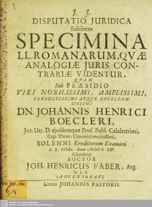 Disputatio Juridica Exhibens Specimina LL. Romanarum, Quae Analogiae Juris Contrariae Videntur