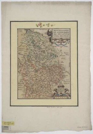 Karte vom Herzogtum Braunschweig-Lüneburg, 1:840 000, Kupferstich, um 1601-1612 : Braunsvicensis, et Luneburgensis ducatuum vera delineat[io] / [Hrsg.: Abraham Ortelius]. - [Ca. 1:840 000]. - [Antverpiae] : [Abraham Ortelius] , [ab 1601-1612]. - 1 Kt. : Kupferstich ; 23 x 31 cm. Maßstab in graph. Form (Scala milliarium Germanicor. communium). - Maßstabskartusche unten rechts. - Titelkartusche oben rechts
