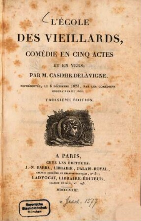 L' école des vieillards : comédie en cinq actes et en vers