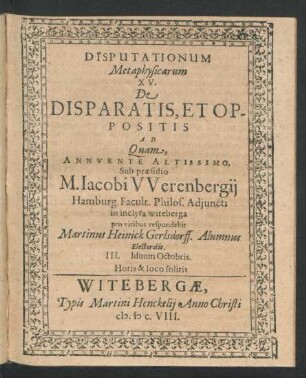 Disputationum Metaphysicarum XV. De Disparatis, Et Oppositis