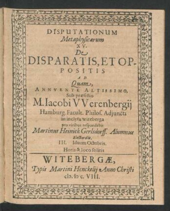 Disputationum Metaphysicarum XV. De Disparatis, Et Oppositis