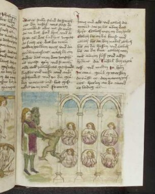 Awendus (Owein) im Purgatorium: Teufel führen Awendus zum Badehaus der Hölle.