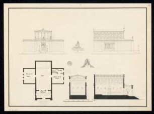 Singakademie Monatskonkurrenz März 1835: Grundriss Erdgeschoss, Aufriss Vorderansicht, Seitenansicht, Längsschnitt, Querschnitt, Details (Akroter, etc.); Maßstabsleiste