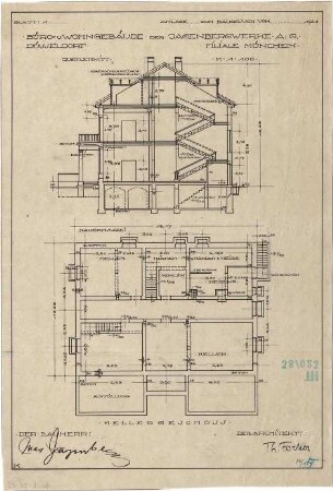 Fischer, Theodor; München, Arcisstr. 20; Haus Jagenberg - Grundriss Keller, Querschnitt