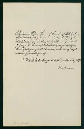 Einverständniserklärung d. Elternteils zum Studium (27.03.1894)