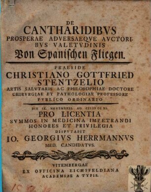 De Cantharidibvs Prosperae Adversaeqve Avctoribvs Valetvdinis : = Von Spanischen Fliegen
