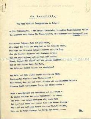 Maschinenschriftlicher Durchschlag eines patriotischen Kriegsgedichtes "Im Lazarett"