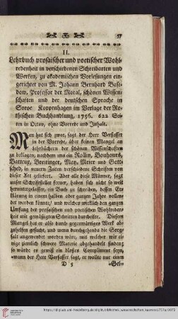 2: [Rezension von: Johann Bernhard Basedow, Lehrbuch prosaischer und poetischer Wohlredenheit in verschiedenen Schreibarten und Werken. Koppenhagen, 1756]