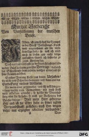 Kurtzer Vorbericht von Verfertigung der teutschen Briefe