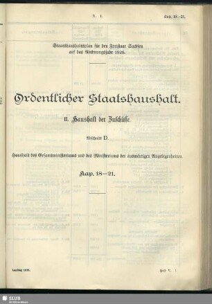 II. Haushalt der Zuschüsse. Abschnitt D. Haushalt des Gesamtministeriums und des Ministeriums der auswärtigen Angelegenheiten. Kap. 18-21