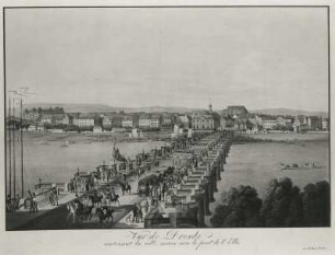 Ansicht von Dresden mit der Neustadt und der Elbbrücke : Ansicht von Dresden mit der Neustadt und der Elbbrücke. Kupferstich, koloriert ; 51,5 x 66,3 cm, um 1800?