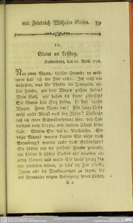 12. Gleim an Lessing. Halberstadt, den 16. April 1758